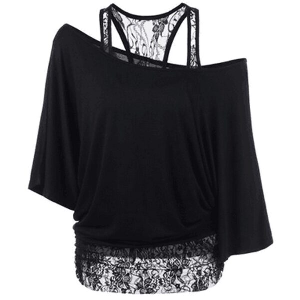 Lace Vest Diagonal Collar Bat Sleeve Top