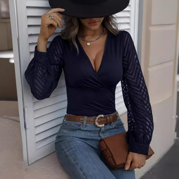 Women's Chiffon Stitching Solid Color Knitted Deep V Long Sleeve Top - Image 4