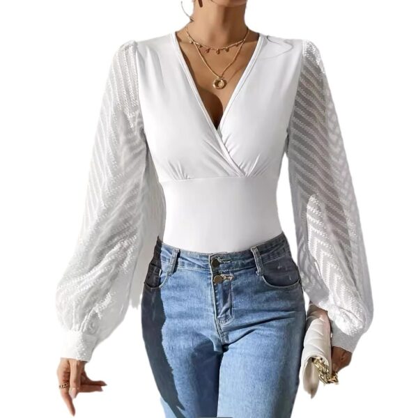 Women's Chiffon Stitching Solid Color Knitted Deep V Long Sleeve Top - Image 2