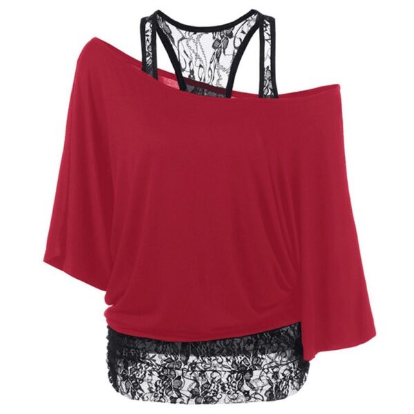 Lace Vest Diagonal Collar Bat Sleeve Top - Image 2