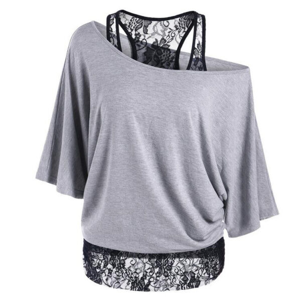 Lace Vest Diagonal Collar Bat Sleeve Top - Image 5